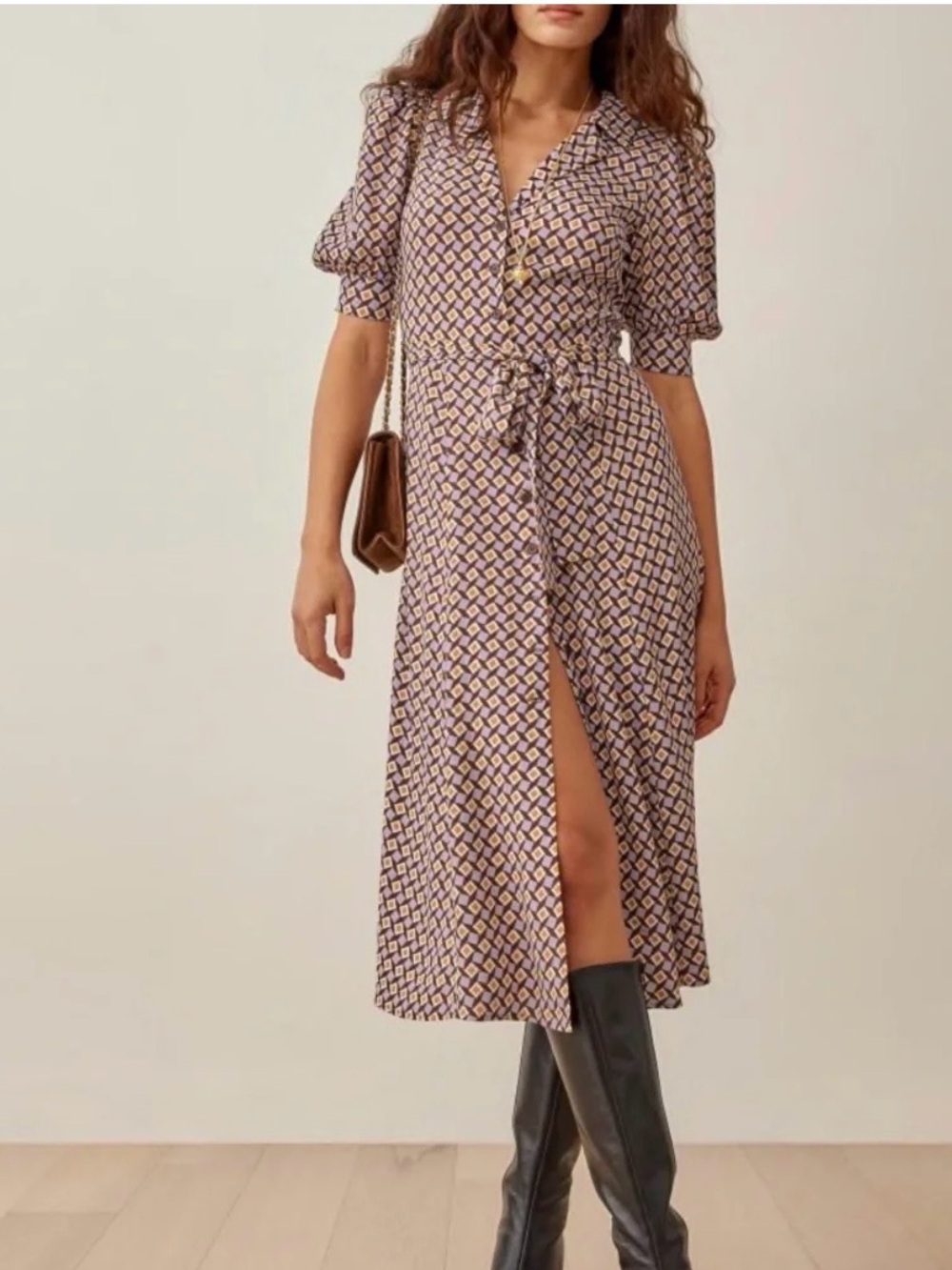 Reformation Purple Geometric Wrap Midi Dress